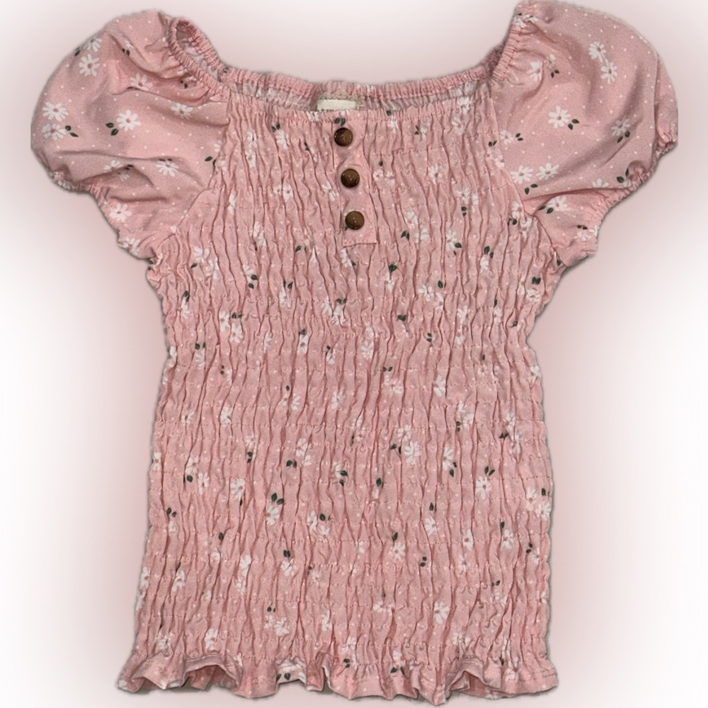 btween Pink Floral Smocked Puff Sleeve Top Girls Size 14